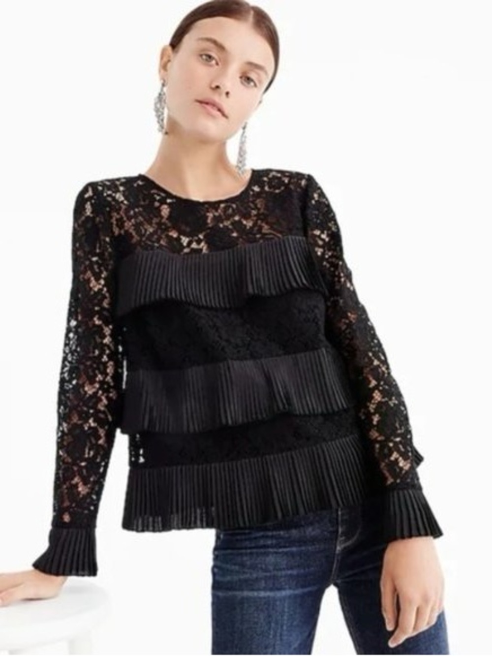 J.Crew Lace Pleated Ruffle Top Size 4 Black Long Sleeve Blouse